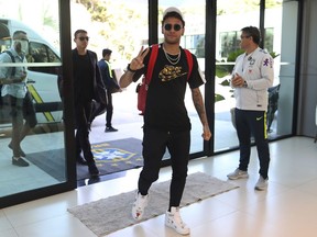 In this photo released by the Brazilian Football Confederation, Brazil's soccer player Neymar arrives to the Granja Comary training center in Teresopolis, Brazil, Monday, May 21, 2018.