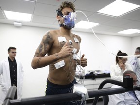 In this photo released by the Brazilian Football Confederation (CBF), Brazil's soccer player Neymar takes physical and medical tests at the Granja Comary training center ahead of the 2018 FIFA WCup, in Teresopolis, Brazil, Tuesday, May 22, 2018.