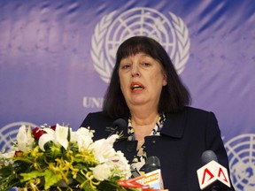 United Nation's special representative for children and armed conflict, Virginia Gamba, speaks during a press conference, in Yangon, Myanmar, Tuesday, May 29, 2018, her first visit to the country.