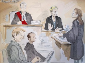 In this artist's sketch, Dellen Millard (left) appears in court in Toronto on Thursday, May 31, 2018 for his judge-only trial for the murder of his father, Wayne Millard.