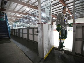 Humboldt Broncos bus crash survivor Brayden Camrud finishes a light skate at Harold Latrace Arena in Saskatoon on June 4. Camrud continues his recovery and has begun training for next year's SJHL hockey season.