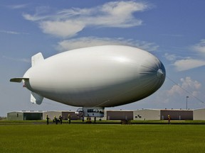 A U.S. Navy MZ-3A manned airship, Advanced Airship Flying Laboratory, derived from the commercial A-170 series blimp lands at Lake Front Airport on July 8, 2010 in  New Orleans, Louisiana.
