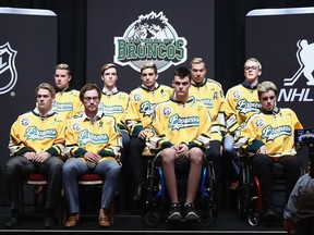 Members of the Humboldt Broncos junior hockey team attend a press conference ahead of the NHL Awards in Las Vegas on June 19.
