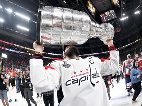 Washington Capitals captain Alex Ovechkin hoists the Stanley Cup in Las Vegas on June 7.