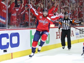 Evgeny Kuznetsov of the Capitals celebrates his second-period goal against the Vegas Golden Knights in Game 3 of the Stanley Cup Final at Capital One Arena  in Washington on Saturday night.