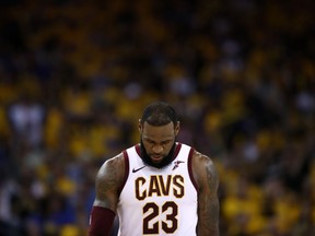 Cleveland Cavaliers forward LeBron James looks down at the court in Game 2 against the Golden State Warriors on June 3.