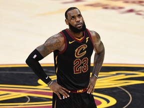 Cleveland Cavaliers forward LeBron James looks on during Game 4 of the NBA Finals against the Golden State Warriors on June 8.