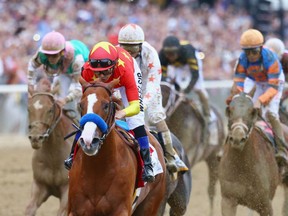 Justify No. 1, ridden by jockey Mike Smith, leads the field to the finish line to win the 150th running of the Belmont Stakes at Belmont Park on June 9, 2018 in Elmont, New York. Justify becomes the thirteenth Triple Crown winner and the first since American Pharoah in 2015.