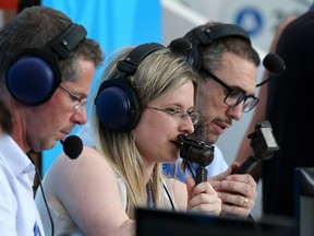 Vicki Sparks commentates for the BBC during Portugal's match against Morocco at the World Cup on June 20.