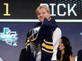 Rasmus Dahlin appears on stage after being selected first overall by the Buffalo Sabres at the 2018 NHL Draft in Dallas on June 22, 2018.