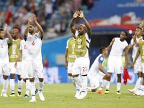 Panama's players greet their fans at the end of the group G match between Belgium and Panama at the 2018 soccer World Cup in the Fisht Stadium in Sochi, Russia, Monday, June 18, 2018. Belgium won 3-0.