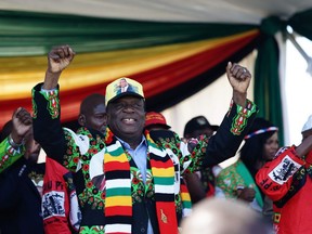 Zimbabwe's President Emmerson Mnangagwa addresses a rally in Bulawayo on June 23, 2018.