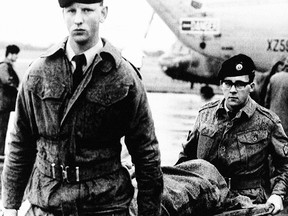 Irish soldiers carry one of the victims of Air India Flight 182, which crashed off the coast of Ireland enroute from Canada as a result of a bomb, killing all 329 onboard, on June 23, 1985.