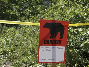 A bear sign and police tape mark a site near a bear attack near Eagle River, Alaska, Wednesday, June 20, 2018.