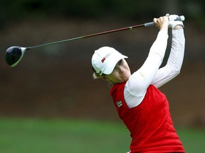 Sarah Jane Smith, of Australia, tees off on the 18th hole during the second round of the U.S. Women's Open golf tournament at Shoal Creek, Friday, June 1, 2018, in Birmingham, Ala.