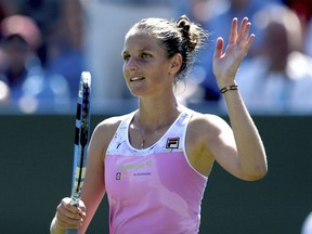 Karolina Pliskova celebrates after beating Anastasia Pavlyuchenkova during day two of the Nature Valley International at Devonshire Park, Eastbourne, Monday June 25, 2018.