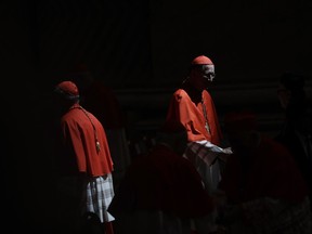 Cardinals take place prior to a consistory in St. Peter's Basilica at the Vatican, Thursday, June 28, 2018. Pope Francis will make 14 new Cardinals during the consistory.