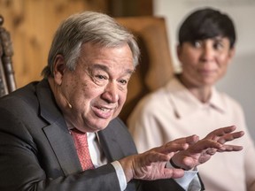 UN Secretary-General António Guterres attends the annual Oslo Forum, a two day meeting hosted by  Norway's Minister of Foreign Affairs Ine Eriksen Soreide, background, in Losby, Norway, Tuesday, June 19, 2018.