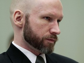 FILE  - In this Wednesday, Jan. 18, 2017 file photo, Anders Behring Breivik looks on during the last day of his appeal case in Borgarting Court of Appeal at Telemark prison in Skien, Norway. The European Court of Human Rights has rejected that an appeal by Norwegian mass murderer Anders Behring Breivik who claimed his incarceration in Norway violates his rights. The Strasbourg, France-based court said Thursday, June 21, 2018 the case "doesn't reveal any violations" and "rejected the application as inadmissible for being manifestly ill-founded."