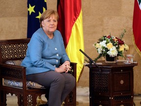 German Chancellor Angela Merkel meets with the Lebanese president at the presidential palace in Baabda, east of the capital Beirut, during her official visit on June 22, 2018.