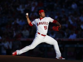 Los Angeles Angels starting pitcher Jaime Barria throws against the Arizona Diamondbacks during the first inning of a baseball game, Monday, June 18, 2018, in Anaheim, Calif.