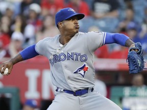 Toronto Blue Jays starting pitcher Marcus Stroman throws to a Los Angeles Angels batter during the first inning of a baseball game in Anaheim, Calif., Saturday, June 23, 2018.