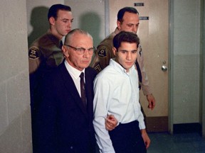 This June 1968 file photo shows Sirhan Sirhan, right, then a suspect in the shooting of Sen. Robert F. Kennedy, with his attorney Russell E. Parsons in Los Angeles.