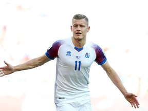 Iceland striker Alfred Finnbogason celebrates his goal against Argentina at the World Cup on June 16.