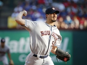 Houston Astros starting pitcher Charlie Morton throws to a Texas Rangers batter during the first inning of a baseball game Saturday, June 9, 2018, in Arlington, Texas.