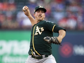 Oakland Athletics starting pitcher Daniel Mengden throws to a Texas Rangers batter during the first inning of a baseball game Wednesday, June 6, 2018, in Arlington, Texas.