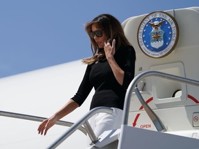First lady Melania Trump arrives at Davis Monthan Air Force Base, Thursday, June 28, 2018, en route to a U.S. Customs border and protection facility in Tucson, Ariz.