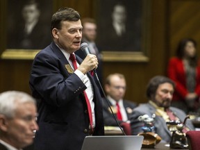 FILE - In this Feb. 1, 2018 photo, state Rep. David Stringer explains his "no" vote during a vote on whether to remove Rep. Don Shooter from office at the Arizona House of Representatives Chambers in Phoenix. The Republican lawmaker is being criticized for saying "there aren't enough white kids to go around" when discussing integration in schools at the Yavapai County Republican Men's Forum on Monday, June 11.