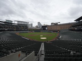 View of Oriole Park at Camden Yards where the baseball game between the Baltimore Orioles and the New York Yankees was postponed, Sunday, June 3, 2018, in Baltimore.