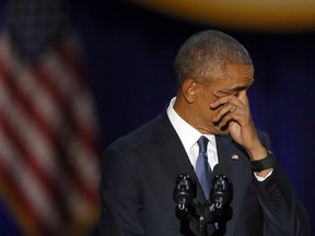 Then president Barack Obama wipes away tears during his farewell address at McCormick Place in Chicago on Jan. 10, 2017.