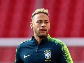 Neymar Jr takes part in a Brazil training session ahead of Wednesday's Group E match against Serbia at Spartak Stadium in Moscow.