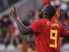 Belgium's Romelu Lukaku jubilates after scoring his sides first goal during a friendly soccer match between Belgium and Egypt at the King Baudouin stadium in Brussels, Wednesday, June 6, 2018.