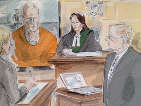 In this artist's sketch, alleged serial killer Bruce McArthur makes an appearance via video in a Toronto courtroom, Wednesday, April 11, 2018.