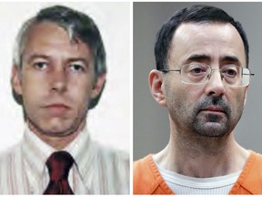 FILE - This combination of photos shows Dr. Richard Strauss, left, from a 1978 Ohio State University employment application, and Michigan State doctor Dr. Larry Nassar, right, during a Nov. 22, 2017 plea hearing in Lansing, Mich. Ohio State is investigating accusations against Strauss, a former team physician at the school, only months after Nassar was convicted and imprisoned for molesting women and girls. Some schools are exploring whether more oversight is needed for figures in such powerful positions.