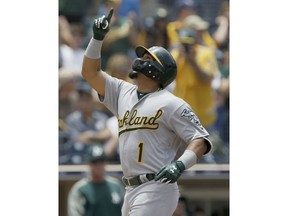 Oakland Athletics' Franklin Barreto points to the sky after hitting a three-run home run during the second inning of a baseball game against the San Diego Padres in San Diego, Wednesday, June 20, 2018.