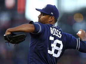 San Diego Padres pitcher Tyson Ross works against the San Francisco Giants during the first inning of a baseball game Thursday, June 21, 2018, in San Francisco.