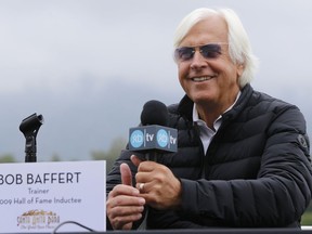 In this May 24, 2018, photo, Hall of Fame trainer Bob Baffert takes questions about horse Justify at Santa Anita Park in Arcadia, Calif. The only thing Baffert wanted to do in horse racing was win the Triple Crown. Been there, done that in 2015 with American Pharoah. Now, the white-haired trainer is back with another chance to saddle a colt to a sweep of the Kentucky Derby, Preakness and Belmont stakes. Justify could become racing's 13th Triple Crown winner and second in four years if he wins the Belmont Stakes on Saturday, June 9.