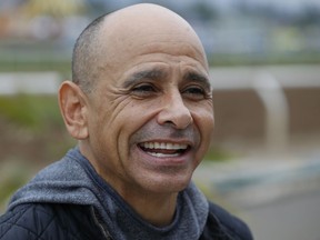 In this May 24, 2018, photo Hall of Fame jockey Mike Smith takes questions about horse Justify at the Santa Anita Park in Arcadia, Calif. Mike Smith has ridden some of the best horses in history, Zenyatta and Arrogate come to mind, and is the career leader in Breeders' Cup victories. Now at 52, he has a chance to make history aboard Justify by winning the Belmont and completing a Triple Crown sweep.