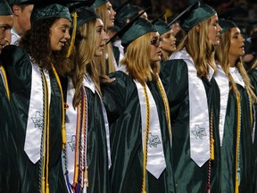 Students attend the Santa Fe High School graduation ceremony Friday, June 1, 2018, in Santa Fe, Texas. More than 300 seniors at the Southeast Texas high school have received their diplomas with memories of a deadly mass shooting fresh in their minds. A gunman fatally shot eight students and two teachers on campus just two weeks ago.
