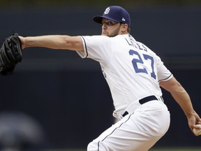 San Diego Padres relief pitcher Jordan Lyles works against a Miami Marlins batter during the first inning of a baseball game Thursday, May 31, 2018, in San Diego.