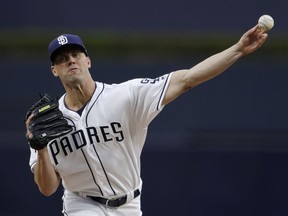 San Diego Padres starting pitcher Clayton Richard works against an Atlanta Braves batter during the first inning of a baseball game Monday, June 4, 2018, in San Diego.