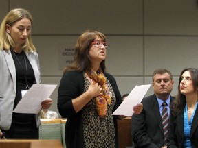 Olga Kasian, the mother of Iana Kasian, makes a statement to the court before a judge hands down a sentence of life in prison without the possibility of parole to her killer, Blake Leibel, on Tuesday, June 26, 2018 in Los Angeles. A Los Angeles jury found Leibel  guilty last week of first-degree murder, torture and aggravated mayhem in the slaying of 30-year-old Iana Kasian.  Deputies discovered Kasian's naked body in a blood-spattered bedroom of the couple's West Hollywood apartment in May 2016.