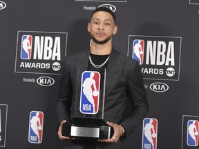 Ben Simmons, of the Philadelphia 76ers, poses in the press room with the rookie of the year award at the NBA Awards on Monday, June 25, 2018, at the Barker Hangar in Santa Monica, Calif.