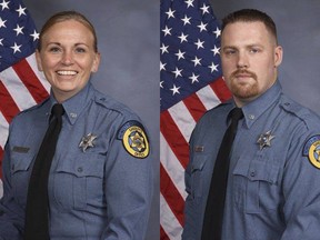 This undated photo combo provided by Kansas City, Kansas police department shows from left, Deputy Theresa King and DeputyPatrick Rohrer. Kansas City police confirmed that Rohrer and King died from injuries suffered when an inmate who was being transported in Kansas City overpowered the two officers and shot them on Friday, June 15, 2018. The Wyandotte County District Attorney's office on Friday, June 22, 2018 announced charges have been filed against Antoine Fielder in the deaths of deputies. (Kansas City Kansas police department via AP)