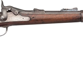 This undated photo provided by Heritage Auctions, HA.com shows, a rifle used during the battle of Little Bighorn in which the U.S. Army's 7th Cavalry, led by Lt. Col. George Armstrong Custer, was decimated by American Indians led by Sitting Bull. Glen Swanson, who has spent decades amassing artifacts related to the 1876 Battle of Little Bighorn and the men who famously faced off there is putting the collection up for auction. Heritage Auctions will offer up the collection of more than 260 items Saturday June 9, 2018 in Dallas. The rifle is expected to sell for more than $200,000(Heritage Auctions, HA.com via AP)