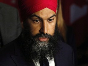 NDP Leader Jagmeet Singh speaks outside the House of Commons on Parliament Hill in Ottawa on May 3, 2018.